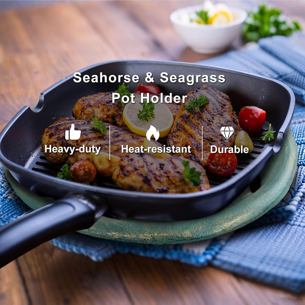 Cast Iron Trivet for Hot Pots, Heavy Duty Heat Resistant Pot Holder, Seahorse Seagrass Decorative Kitchen Accessory