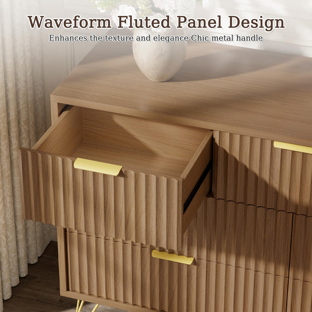 Fluted Dresser, Walnut 7 Drawer Dresser with Gold Handles and Wide Drawers, Wood Chest of Drawers (Walnut)