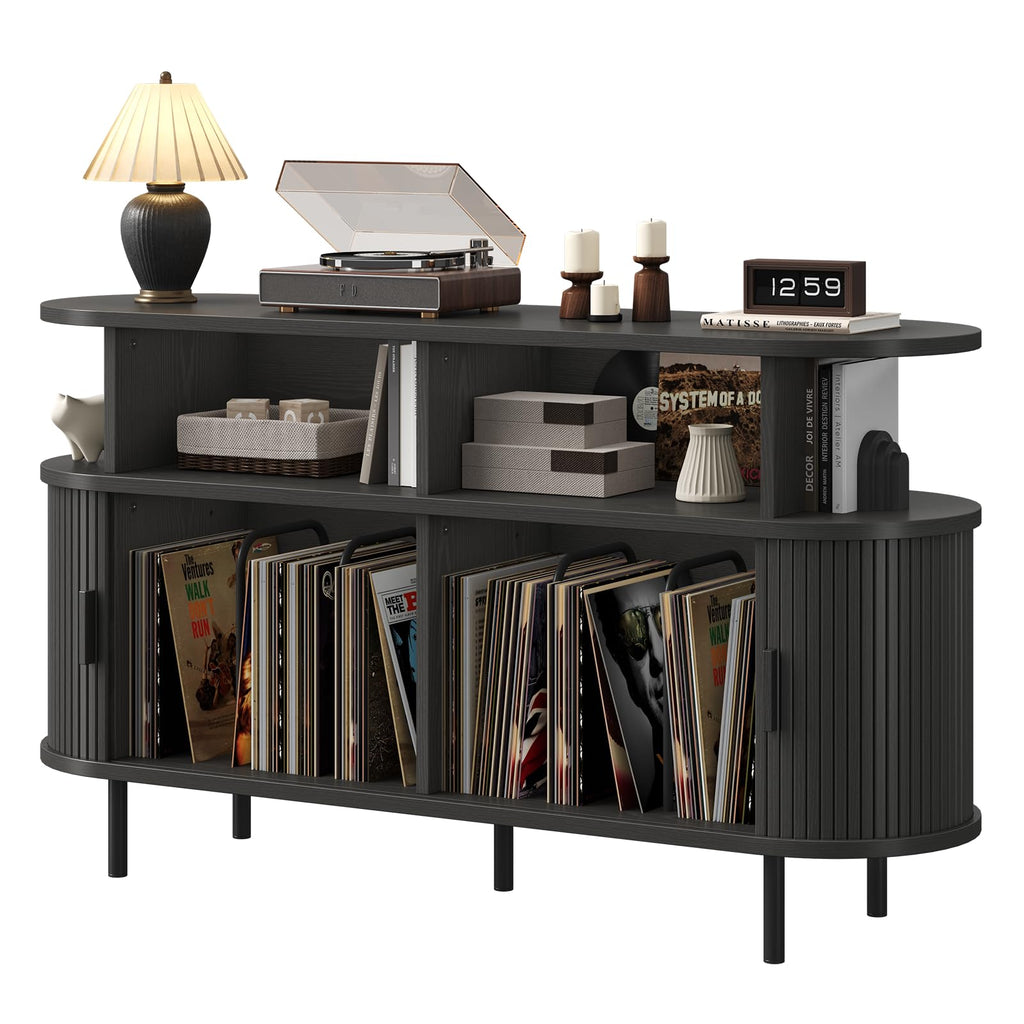 55" Large Round Record Player Stand with Charging Station, Black