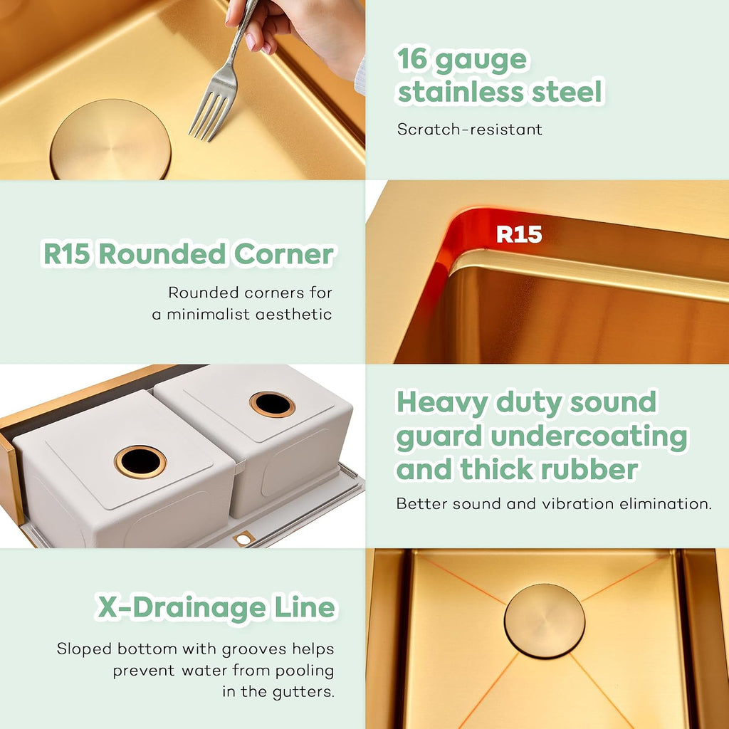 Gold Double Bowls Kitchen Sink, 33" x 22" Drop Sink, 50/50 Double Bowls Farm Sink, 16 Gauge Stainless Steel