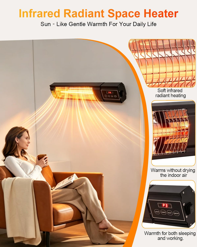 Patio Heater for Outdoor Use 1500W, IP65 Approved, Infrared Electric Wall-Mounted Patio Heater, 3 Levels Heating for