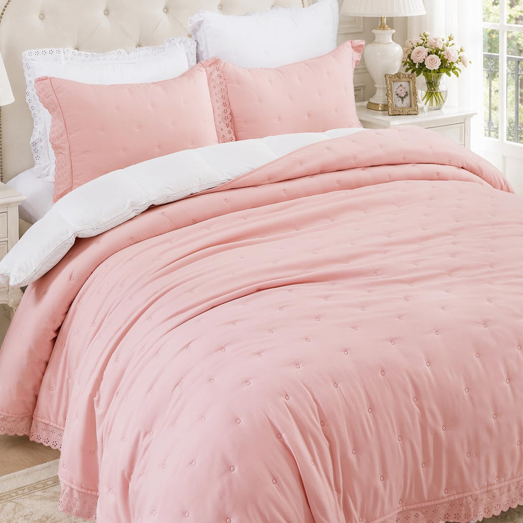 Pink Ruffle Quilt Set 68x90, Soft Lace Trim Bedding