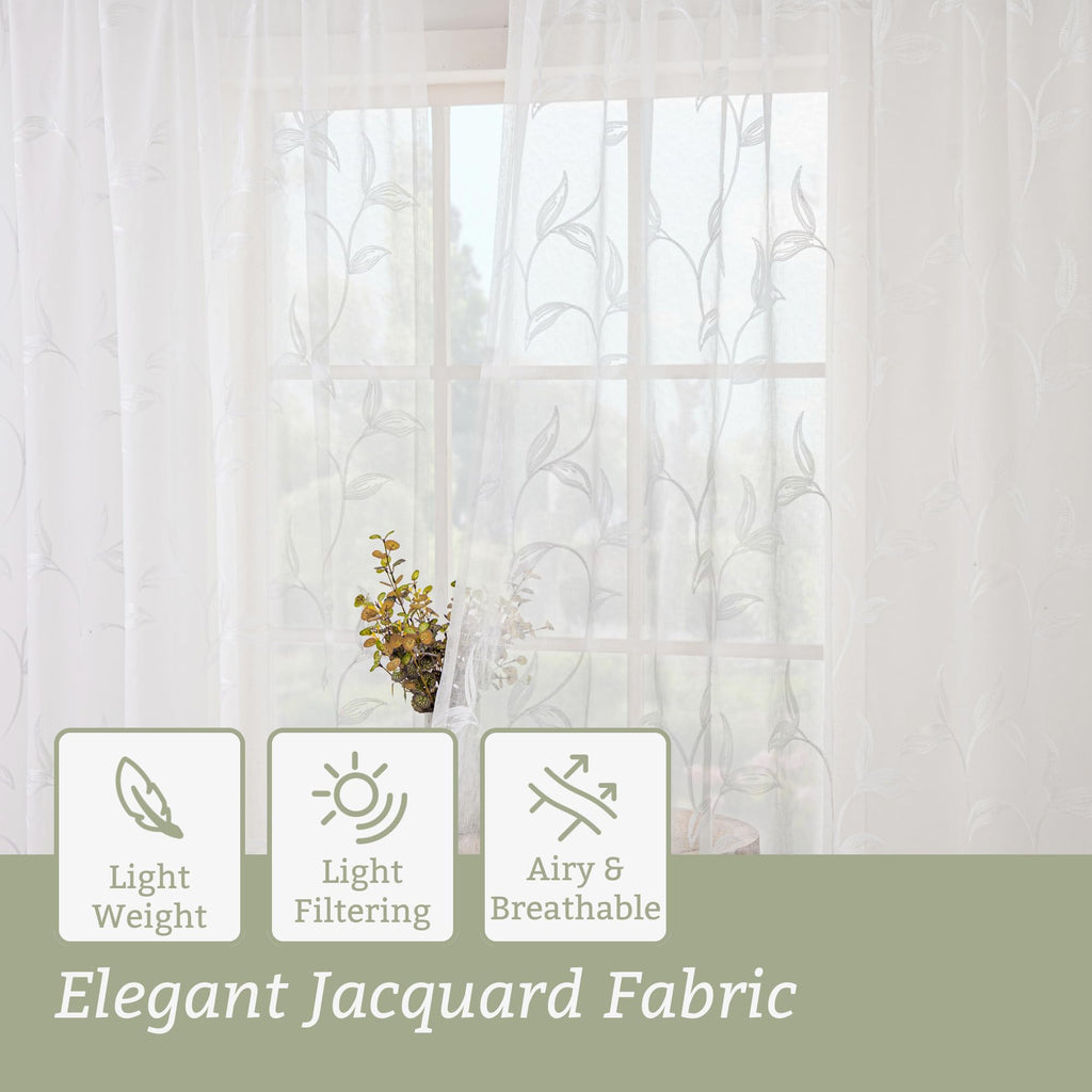 White Sheer Curtains Boho Leaf Floral Embroidered 54Wx102L