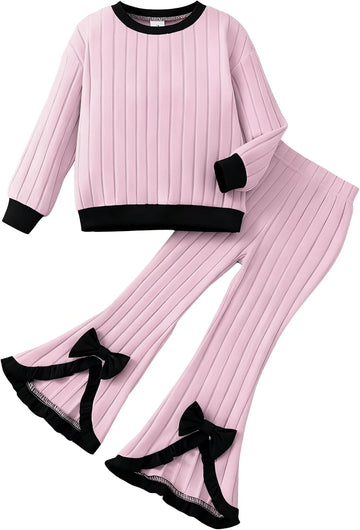 Toddler Girls Clothes Ribbed Color Block Pullover Tops + Flare Pants Set Fall Outfits