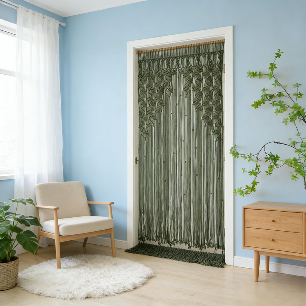Green Leaf Tassels Macramé Curtain Macrame Wall Hanging Boho Wedding Arch Chic Macrame Valance 33.5'' W x78.7''L