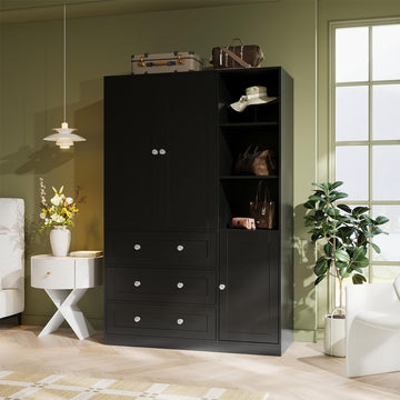 71"H Armoire Wardrobe Closet with Mirror and Open Shelves (1, Black)