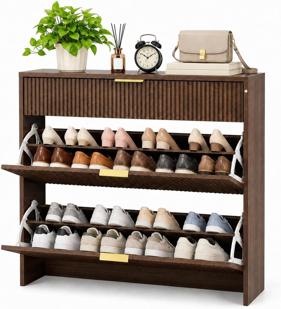 Shoe Storage Cabinet with Gold Pull Handles Narrow Fluted Entryway Shoe Organizer, Freestanding Drawer Rack Bedroom