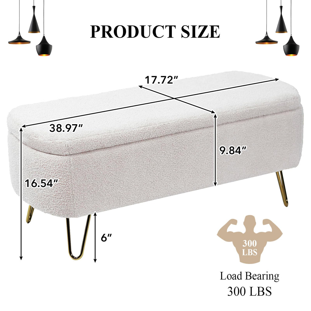 Modern Storage Ottoman Bench, Teddy Upholstered Entryway Bench with Gold Legs, Vintage End of Bed Bench with Safety