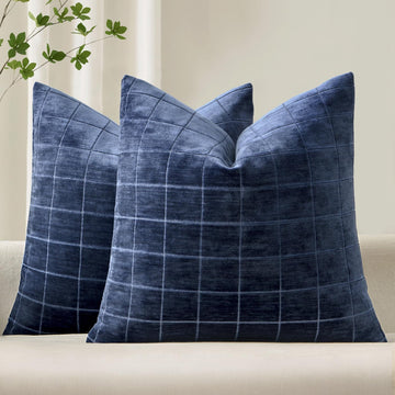 Navy Blue Plaid Decorative Euro Throw Pillow Covers 22x22 Set of 2