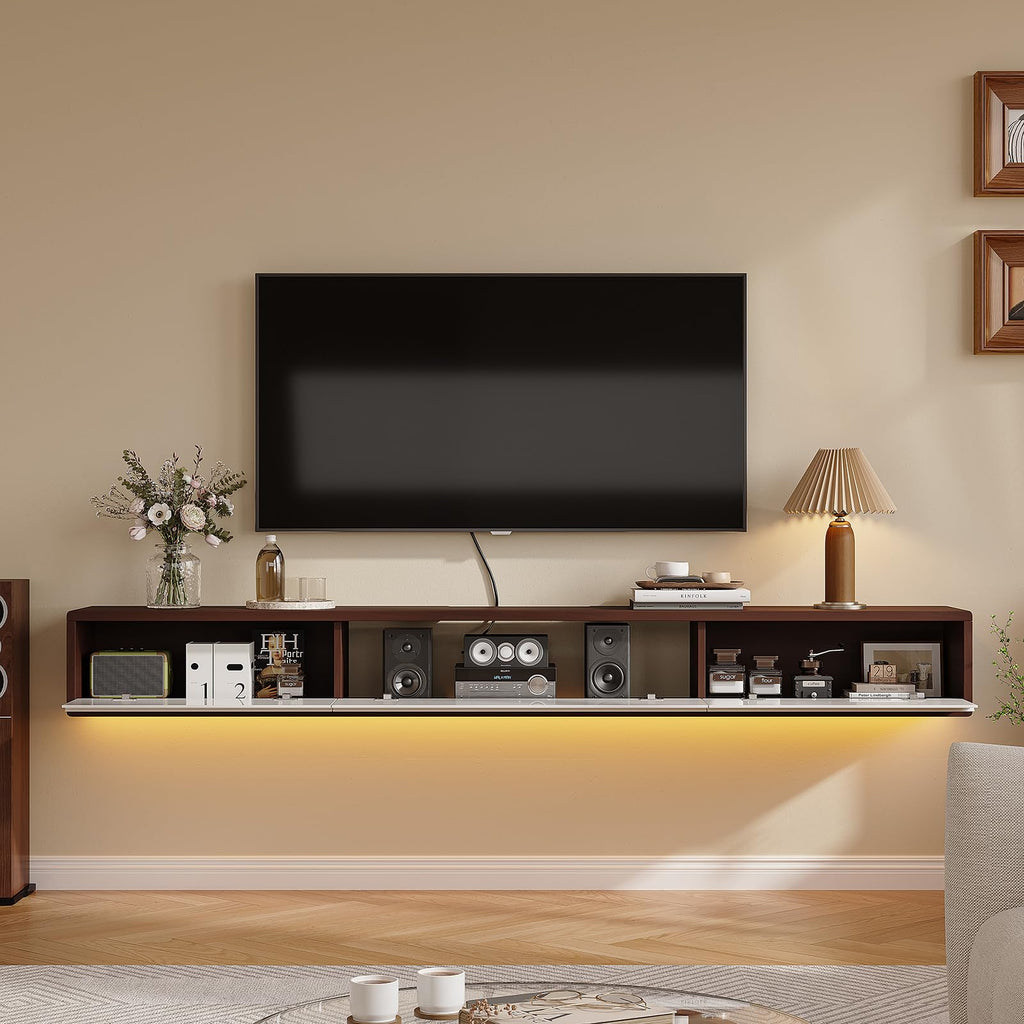 Floating High Gloss, 55'' Wall-Mounted TV Cabinet, Floating TV Console, Under TV Shelf with 3 Doors (Walnut+White)