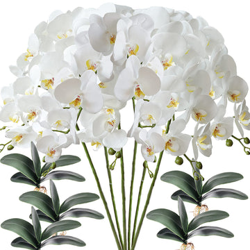 6 Pcs Artificial Phalaenopsis Flowers with 5 Bundles Leaves Artificial Orchid Flowers Stem Plants Décor