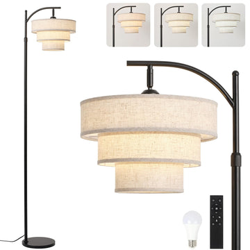 Dimmable Floor Lamp with Remote Control, Arc Fabric Tall Floor Lamp with 3-Color Temperatures Remote & Dimmable 9W