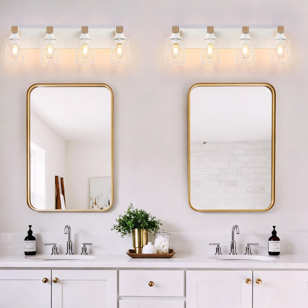 Farmhouse 4-Light Wood Bathroom Vanity Light, White Metal Cage Shade
