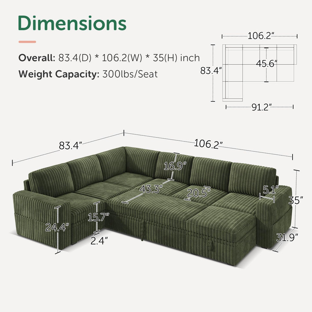 Corduroy U Shaped Sectional Sleeper Sofa with Pull Out Bed, Green