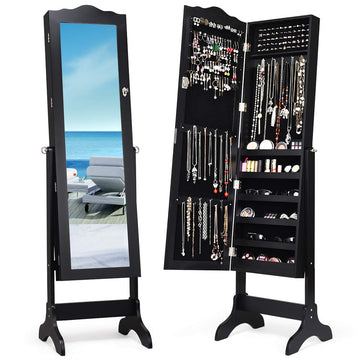 Standing Jewelry Cabinet Armoire with Full Length Mirror, Lockable