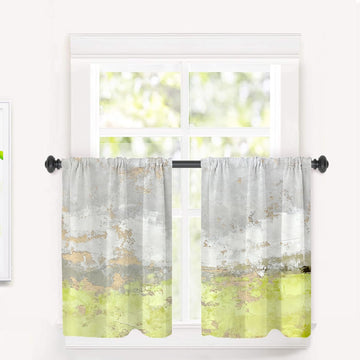 Art Abstract White Green Blackout Tier Curtains, Watercolor Oil Abstract in Light Grey and White Half Window Drapes