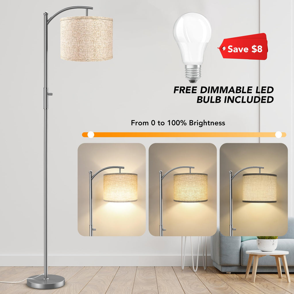 Dimmable Floor Lamp, Arc Floor Lamps, Stepless Dimming Modern Standing Lamp with Linen Shade, Tall Lamp Office