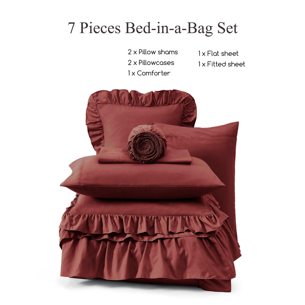 Comforter Set Syrah Red Ruffle 7 Pieces Farmhouse Bed in a Bag