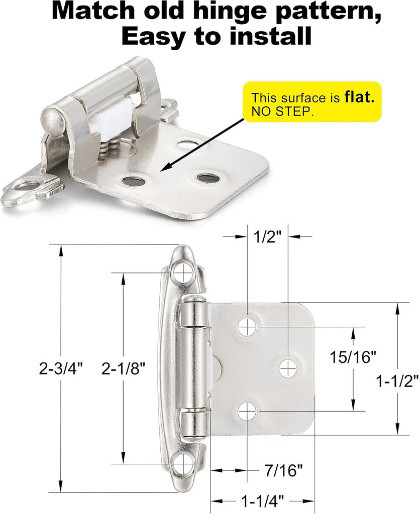 4 Pack (2 Pair) Brushed Satin Nickel Self Closing Cabinet Hinges for Flush Mount Kitchen Cabinet Door, 1/2" Overlay