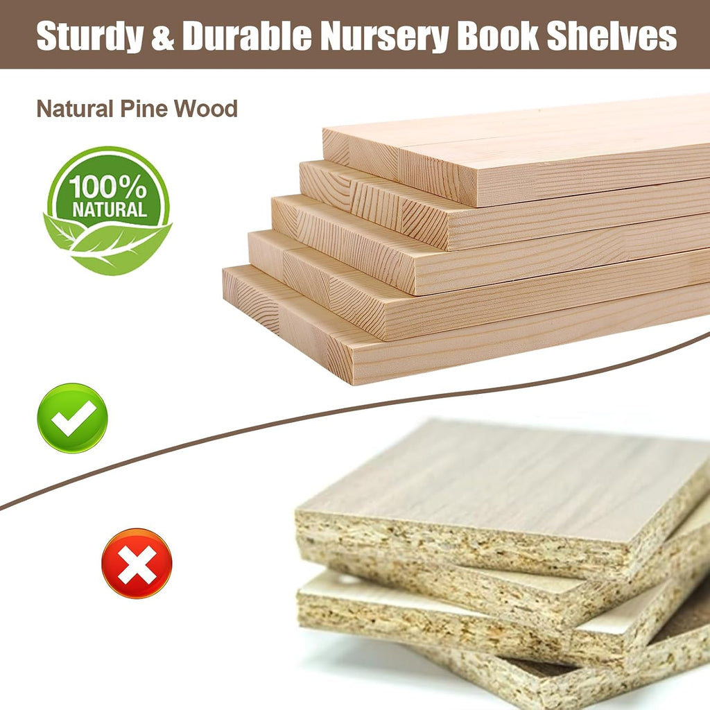 Nursery Shelves for Wall with Hooks-Scalloped Wall Book Shelves Kids Set of 3, Nursery Furniture Must Have, 16 Inch