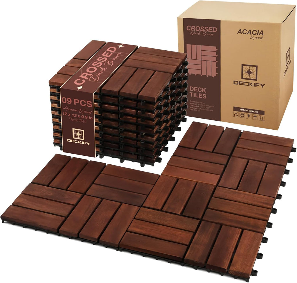 9Pcs Acacia Wood Interlocking Patio Deck Tiles, 12 x 12 x 0.9 Inch Outdoor Flooring, Waterproof for All-Weather Use