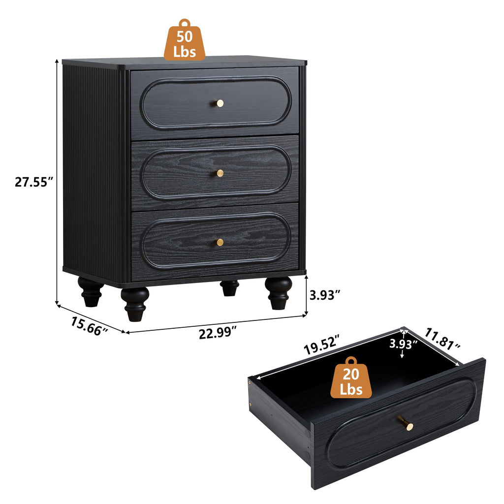 Fluted 3 Drawer Dresser, Modern Mid Century Chest of Drawers, Wood Storage Small Dresser Organizer Living Room
