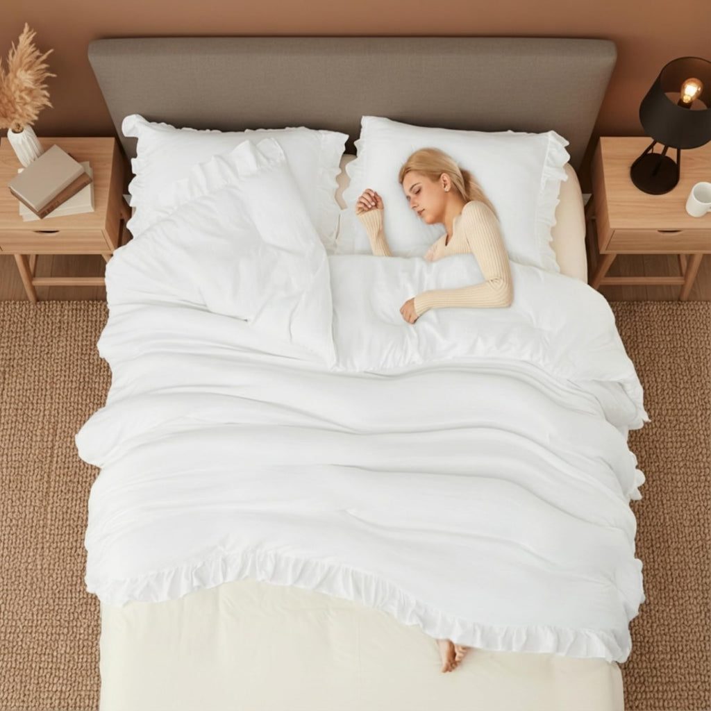 White Ruffled King Size Comforter Set, 3PCS Soft Washed Microfiber Lightweight & Fluffy All-Season Bedding Comforter