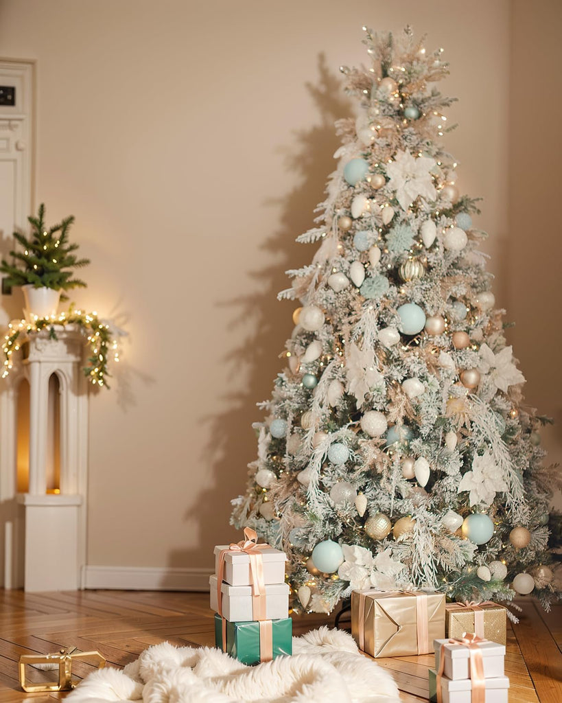 9FT Pre-lit Snow Flocked Christmas Tree Spruce with Remote Control, 800 Warm White Multi-Color Lights, Artificial