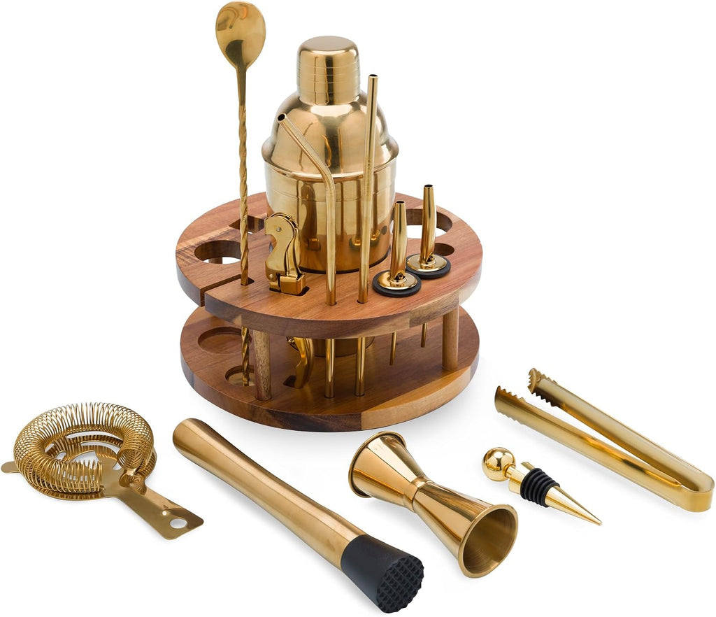 Carousel 13-Piece Bar Tool Set, Travel Bartender Kit and Cocktail Set, Mixology Bartender Kit with Lazy Susan Stand - Set of 13