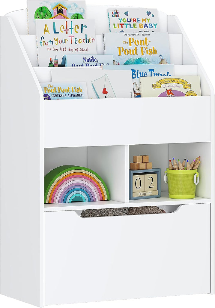 Kids Bookshelf with Movable Toy Box, Toddler Book Shelf and Toy Storage, Children Book Display Rack Toy Chest Combo