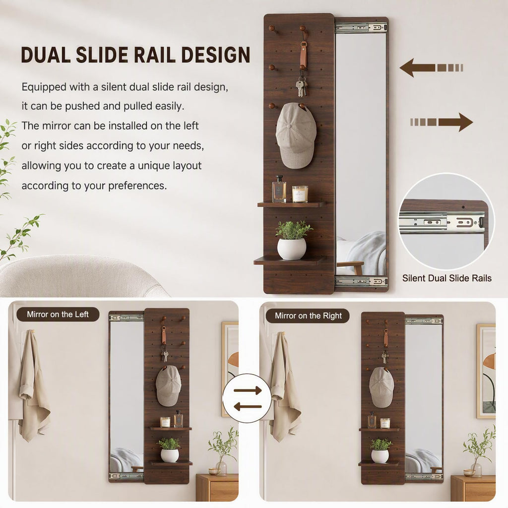 Hide Wall Mounted Mirror,Full Length Mirror with Shelf and Hooks,Space Saving Sliding Pegboard Wood Looking Glass