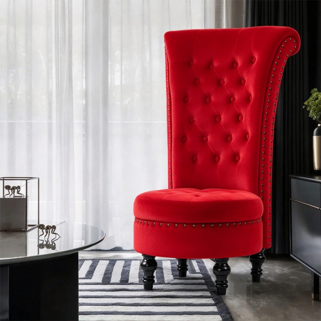 High Back Throne Chair with Storage, Red Velvet Royal Accent Chair