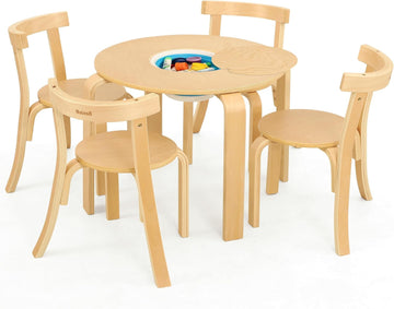 Kid Round Table and 4 Chairs Set with Storage Tub, Wooden Toddler Table Chair for Arts, Crafts, Eating, Learning, Kid