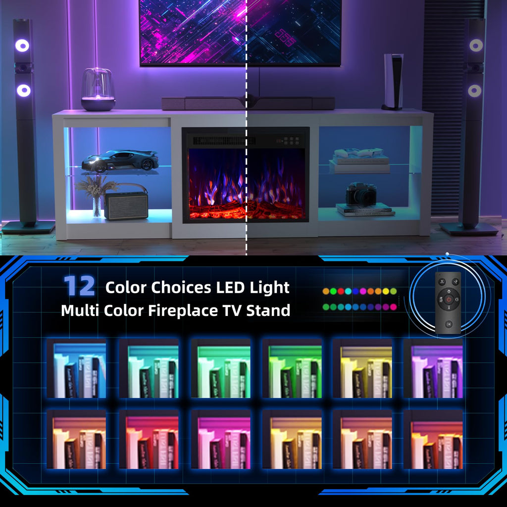 Fireplace TV Stand, 70 inch TV Stand with 23" Electric Fireplace, LED Light Entertainment Center, TV Console with