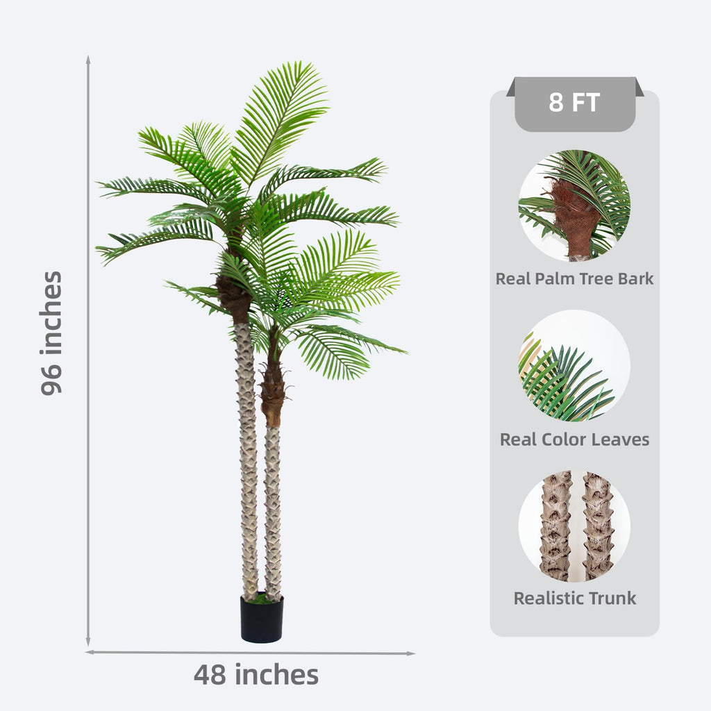 8FT Artificial Palm Tree with Realistic Bark & Leaves, UV Resistant Faux Indoor Outdoor Palm Plant, Yard, Patio, and