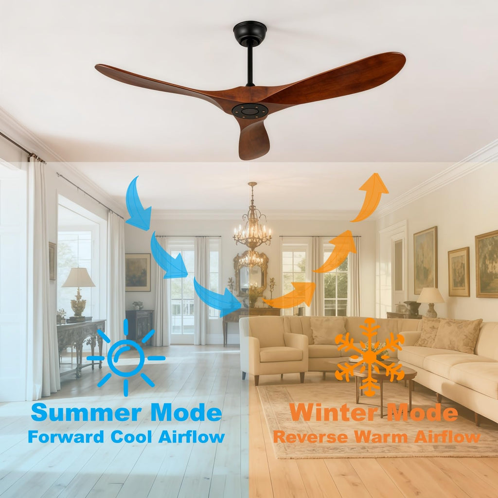 60 Inch Solid Wood Ceiling Fan Without Light, 3 Blade Modern Propeller Ceiling Fan with Remote Control, Quiet