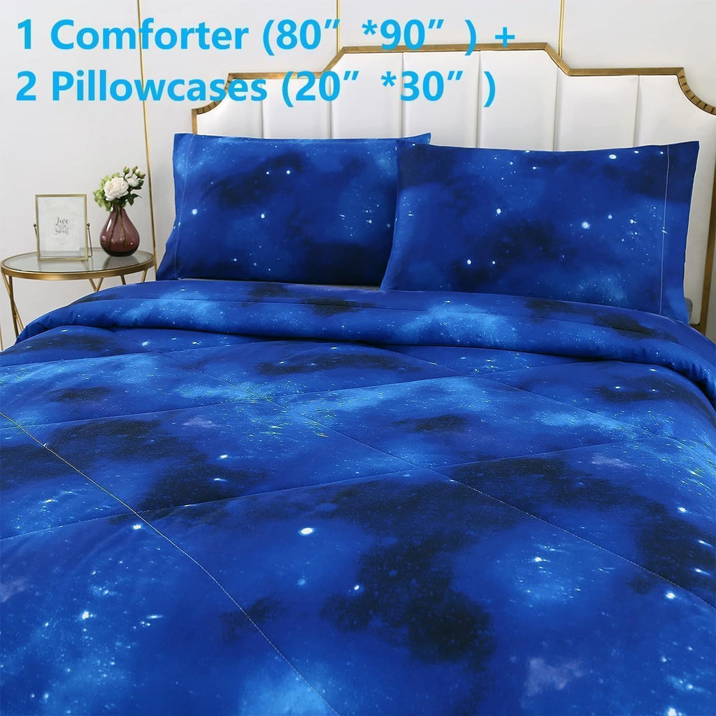 Blue Galaxy Comforter Set Full 3 Pieces, Soft Microfiber Lightweight Blue Space Comforter Full, Galaxy Bedding for