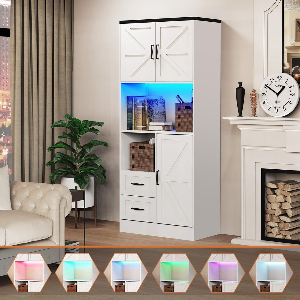 Farmhouse Kitchen Pantry Cabinet with LED Lights and Power Strip, Tall Kitchen Storage Cabinet, Kitchen Hutch with
