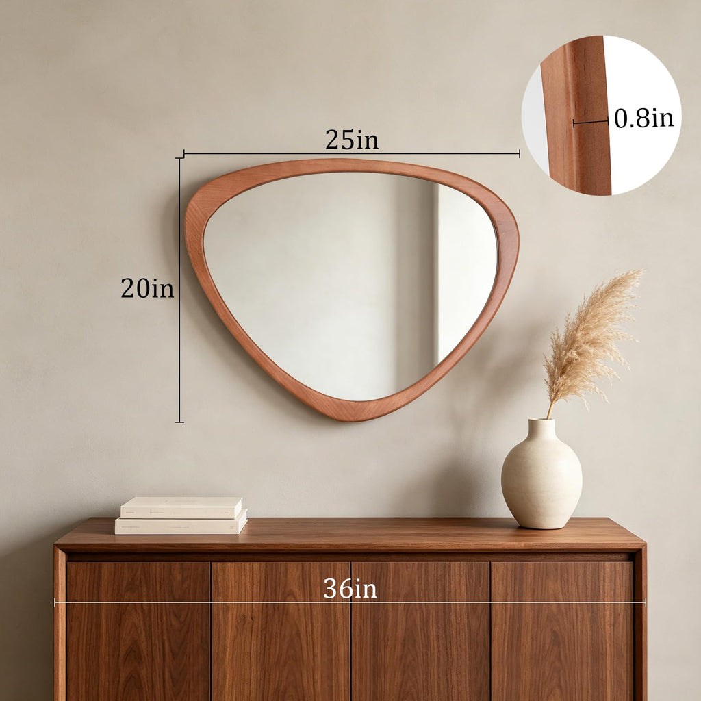 25 x 20 Asymmetrical Mirror, Irregular Wooden Wall Mirror - Boho Mid Century Modern Decorative, Solid Wood Frame