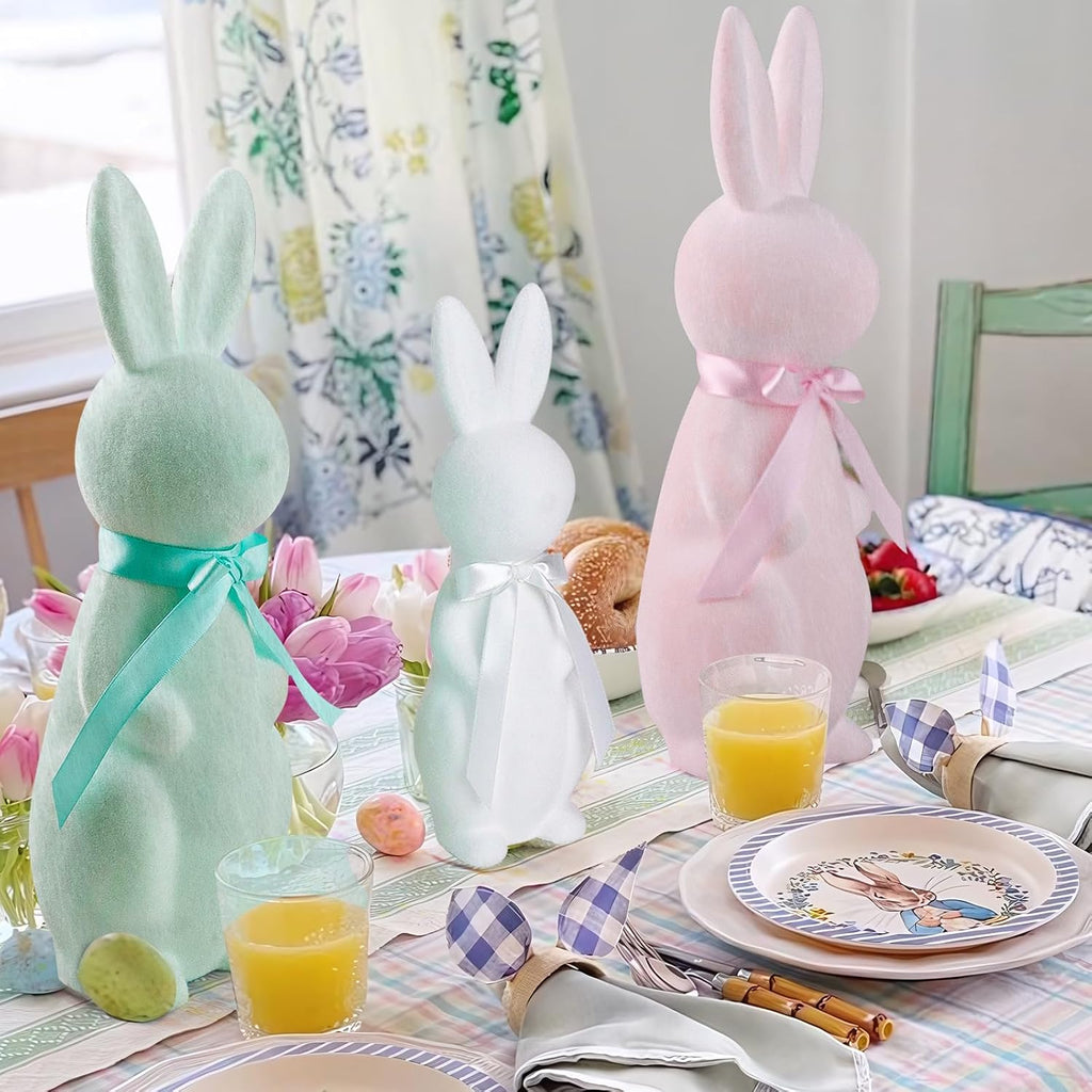 Easter Decorations - 3 Pack Pastel Flocked Bow-Tied Bunny Set (10", 13", 16") - Spring Table Centerpieces Decor - Set of 3