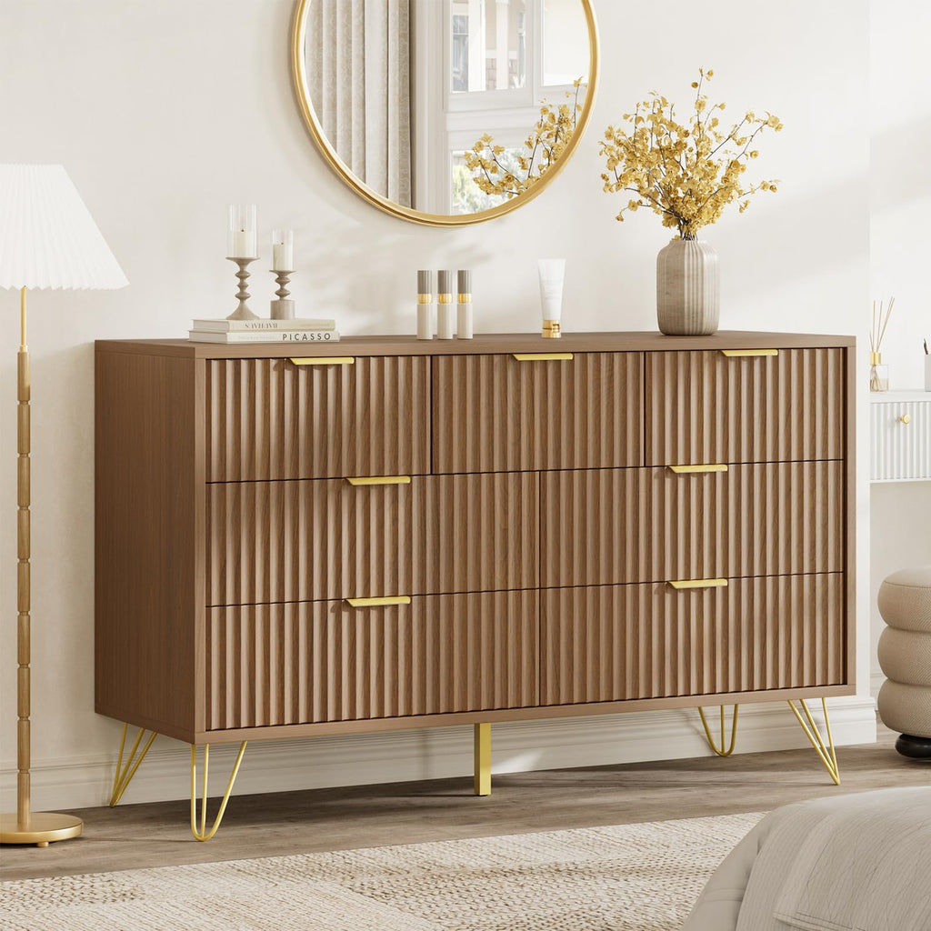 Fluted Dresser, Walnut 7 Drawer Dresser with Gold Handles and Wide Drawers, Wood Chest of Drawers (Walnut)