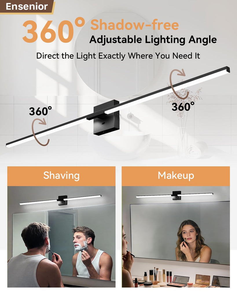48" Modern Black Bathroom Vanity Lights, Built-in Dimmer, 5CCT