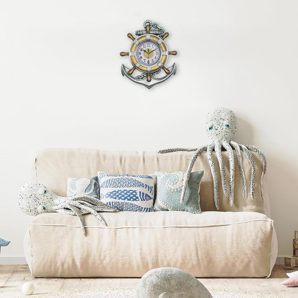 Anchor Outdoor Clock, Nautical Ship Wheel Rudder Decorative Wall Clock