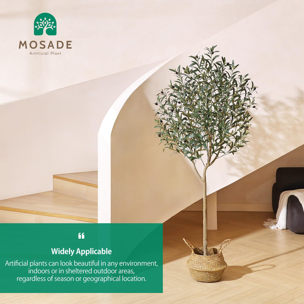 Artificial Olive Tree 6FT - Tall Faux Tree with Realistic Silk Leaves, Handmade Seagrass Basket, Low-Maintenance