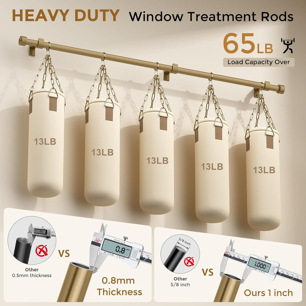 Brass Gold Curtain Rod 34 to 92 Inch, Brushed Warm Gold 1 Inch Adjustable Heavy Duty Curtain Rods for Windows
