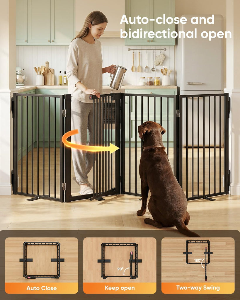 Freestanding Dog Gate with Door, Full Metal Pet Gate