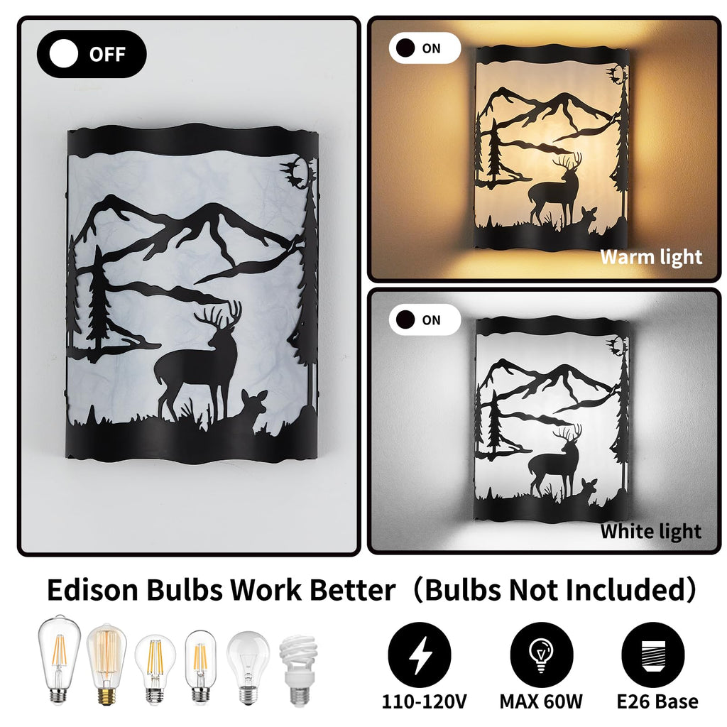 Rustic Deer Sconce Wall Lamp with Shade - E26 Base, Large Modern Farmhouse Wall Light, Stairway, Headboard, Porch-13