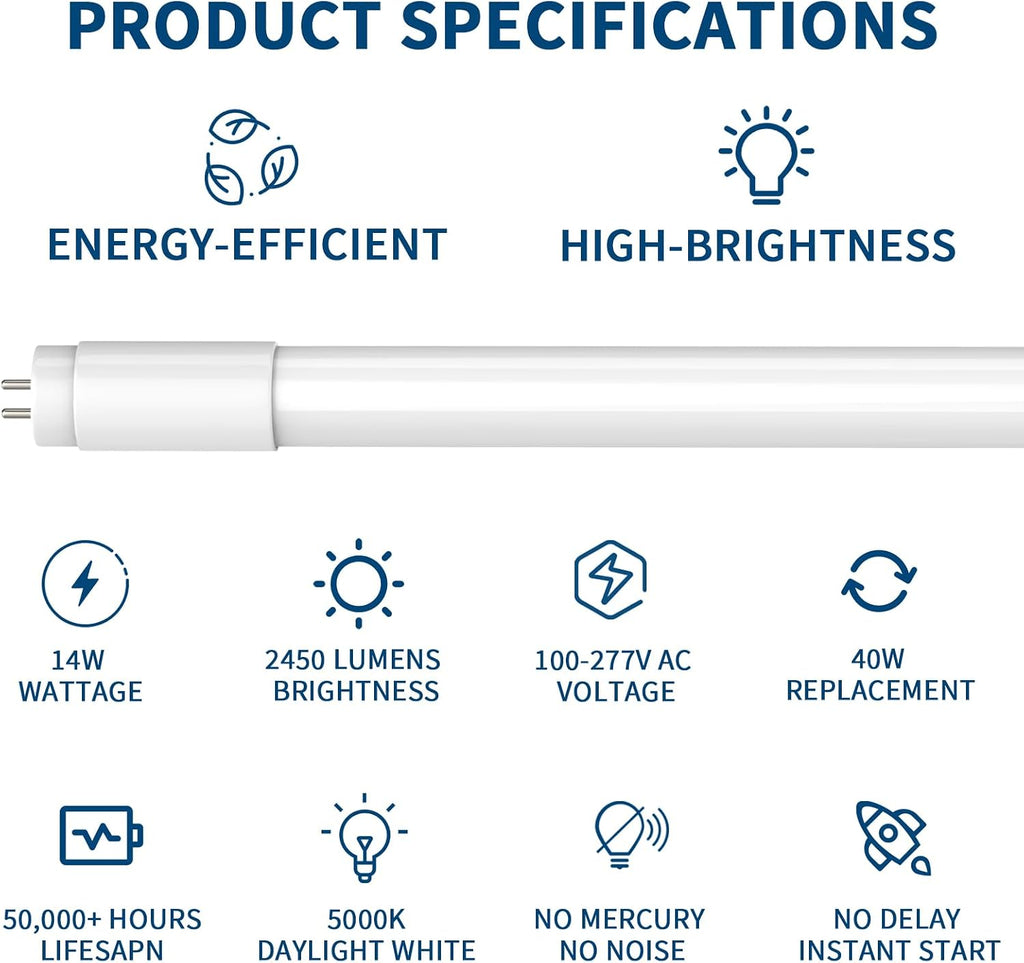 4 Pack T8 LED Tube Lights 4FT, Fluorescent Replacement, 48 Inch, 14W, 2450LM, 5000K Daylight, Single or Double End