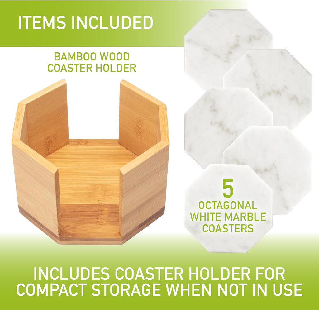 White Carrara Marble Tabletop Coasters with Storage Holder - Set of 5