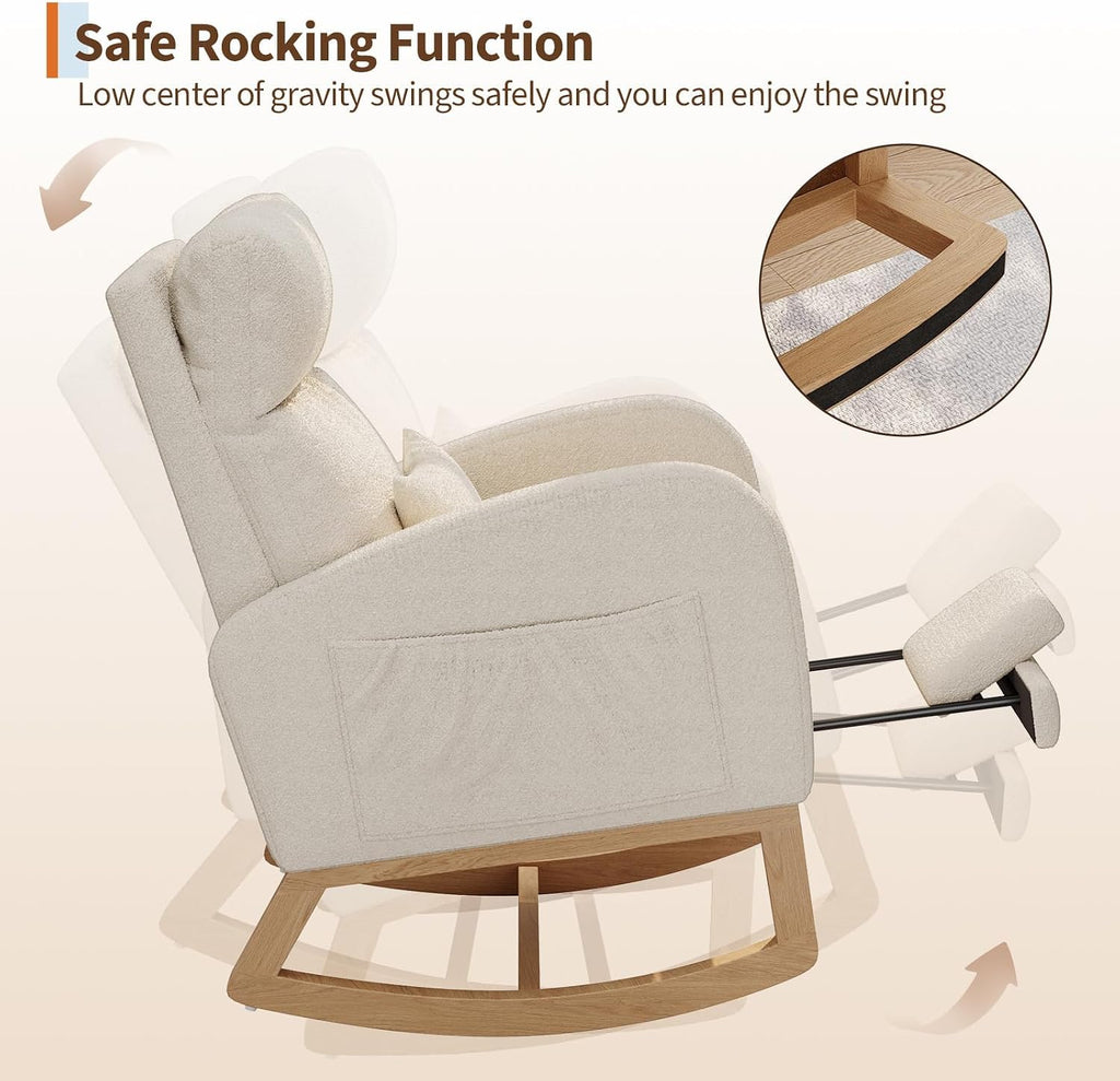 Rocking Chair, Nursery Glider Chair with Footrest, White | Modern Teddy Fleece Rocking Chair with Side Pocket and